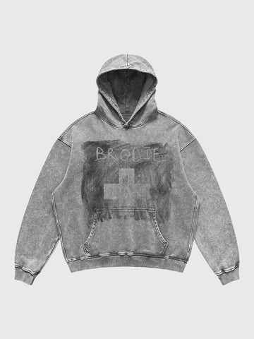 Co-ed Dorm Baggy Acid-Washed Graphic Hoodie - Grey