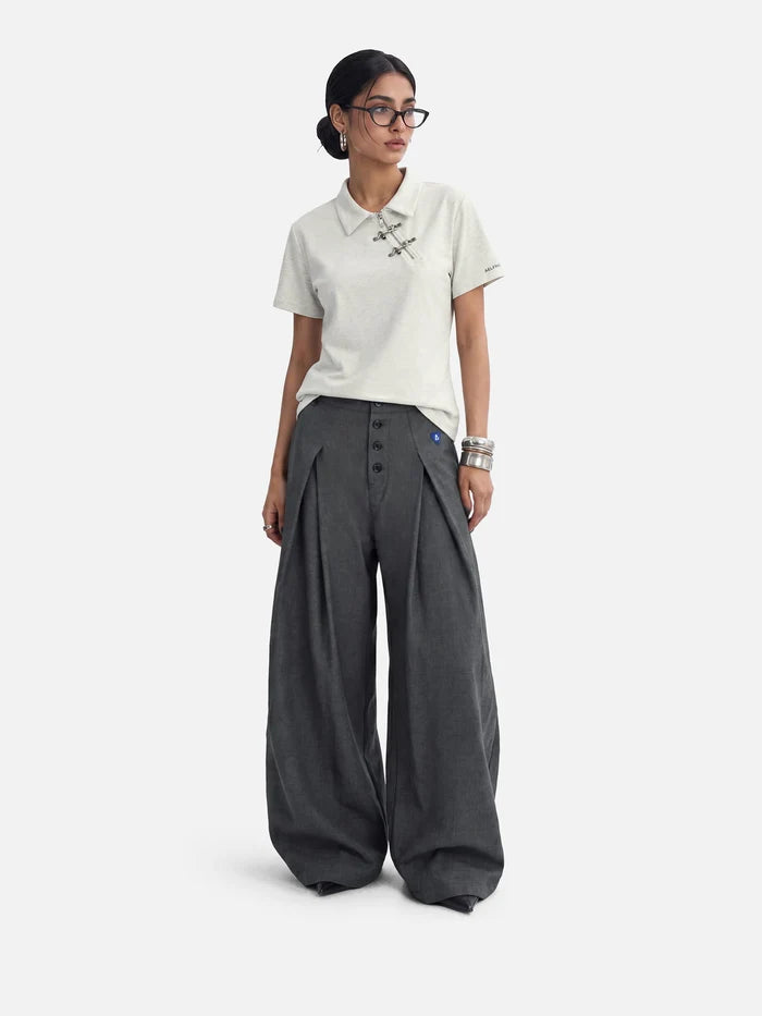 Co-ed Dorm Wide-leg Criss-Cross Waist Denim Maxi Pants - Grey