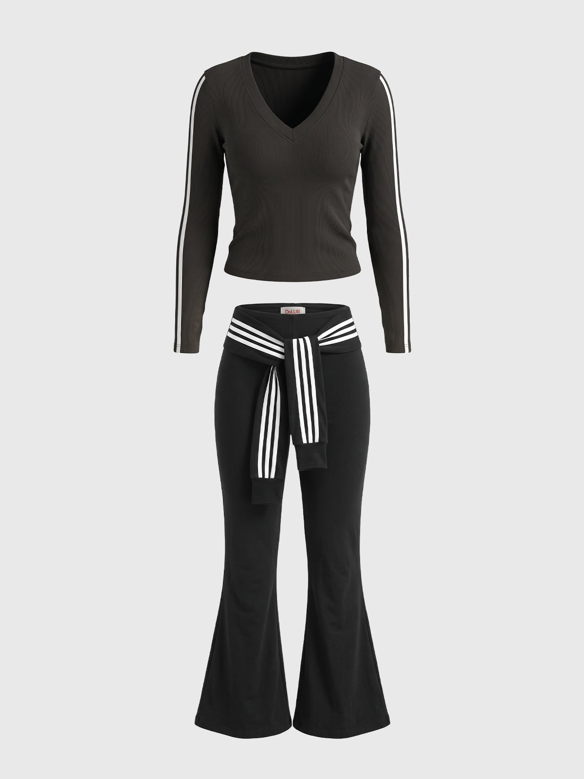 Co-ed Dorm Two-Piece V-Neck Top and Flare Pants Set - Black