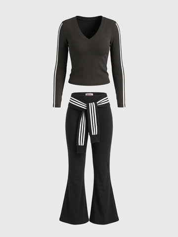Co-ed Dorm Two-Piece V-Neck Top and Flare Pants Set - Black