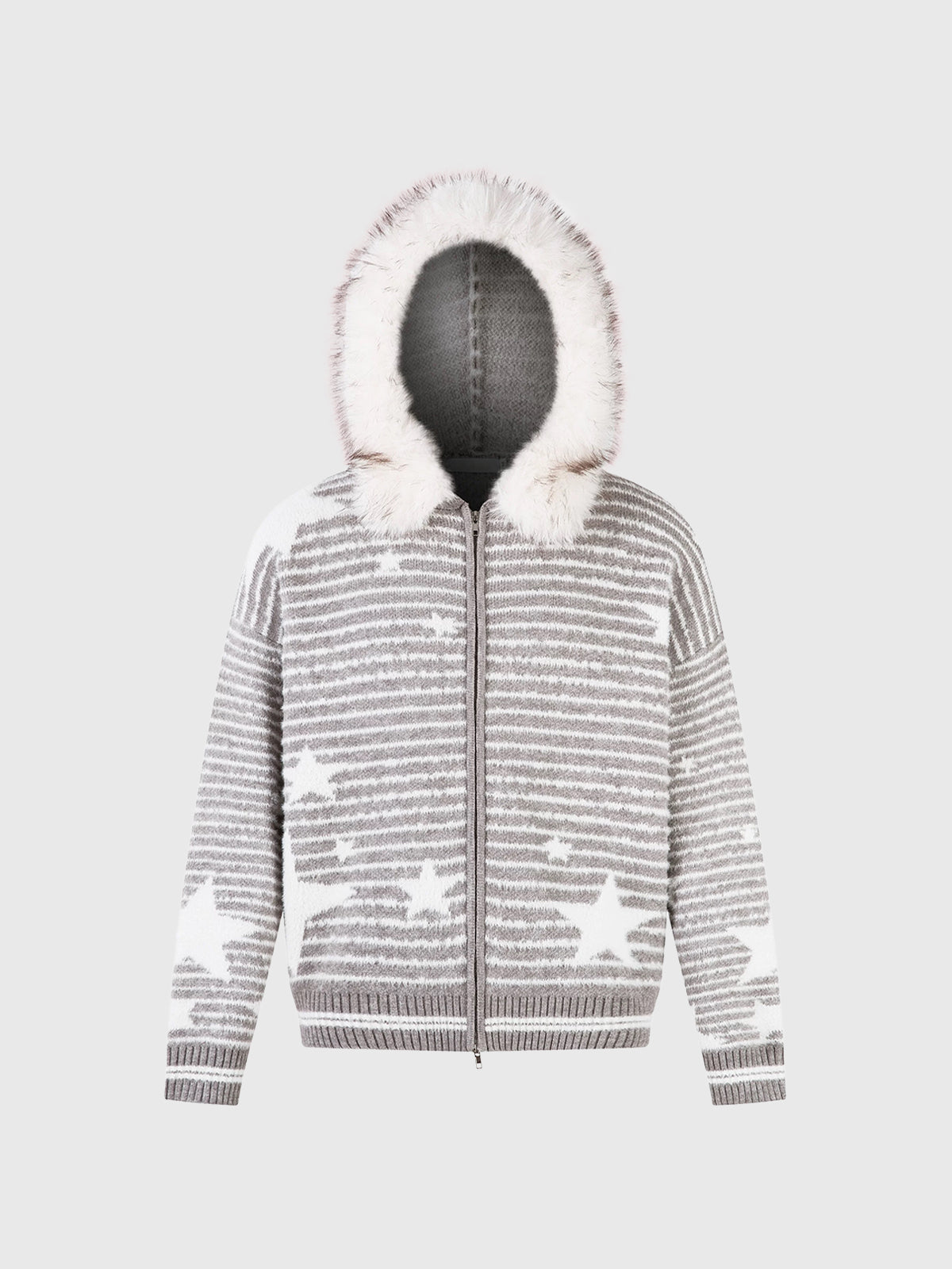 Co-ed Dorm Baggy Star Striped Faux-Fur Knit Hoodie - Grey