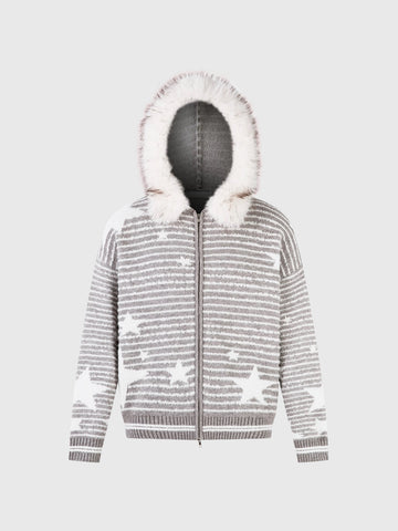 Co-ed Dorm Baggy Star Striped Faux-Fur Knit Hoodie - Grey