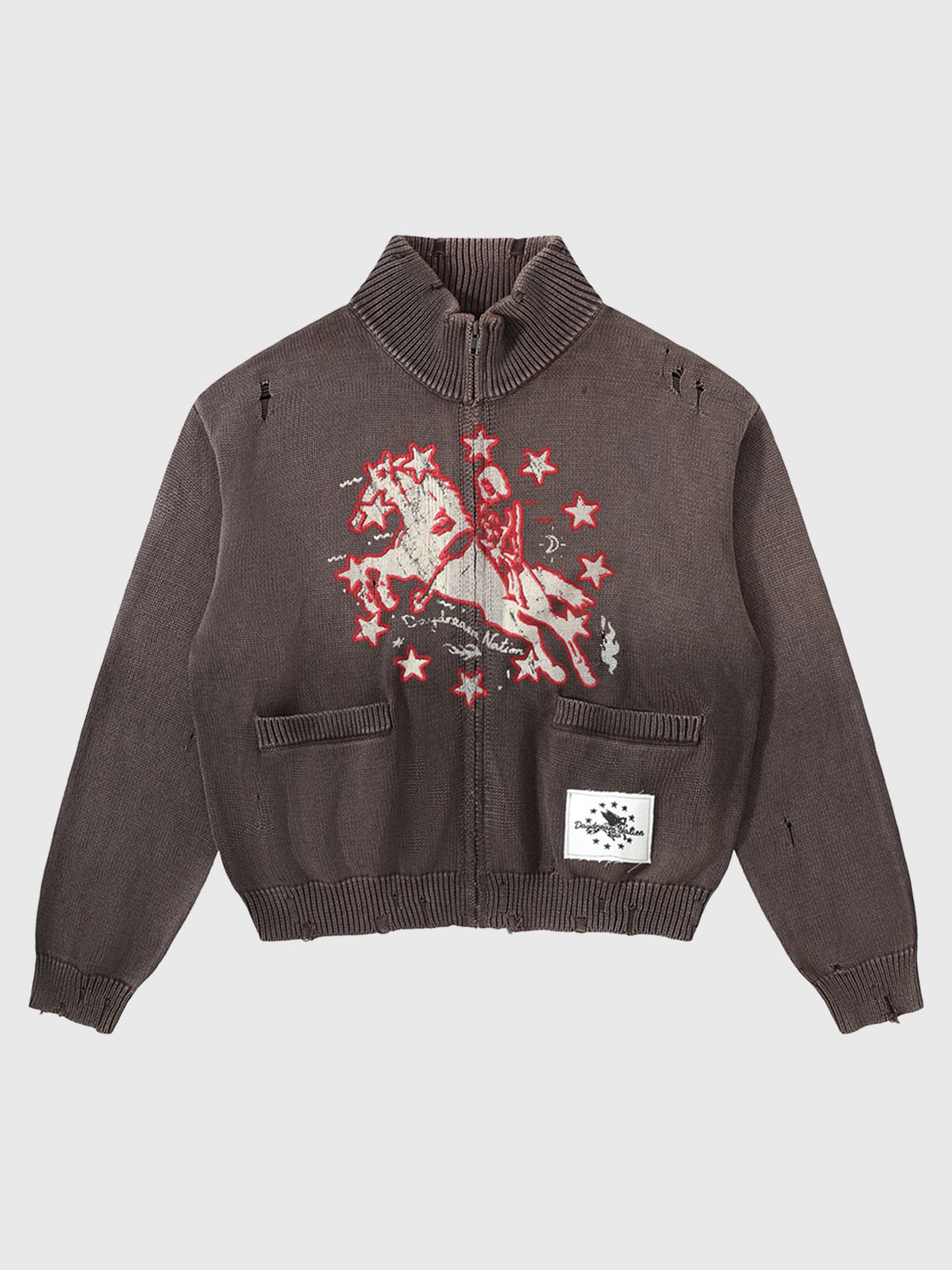 Co-ed Dorm Baggy Graphic Knit Zip-up Sweater - Brown