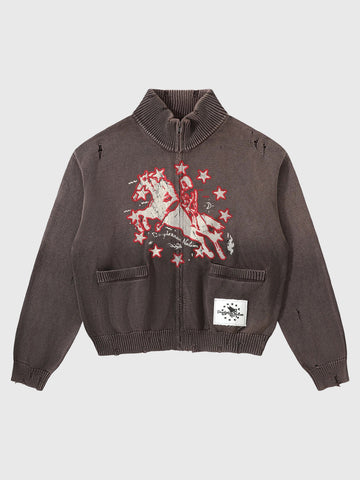 Co-ed Dorm Baggy Graphic Knit Zip-up Sweater - Brown