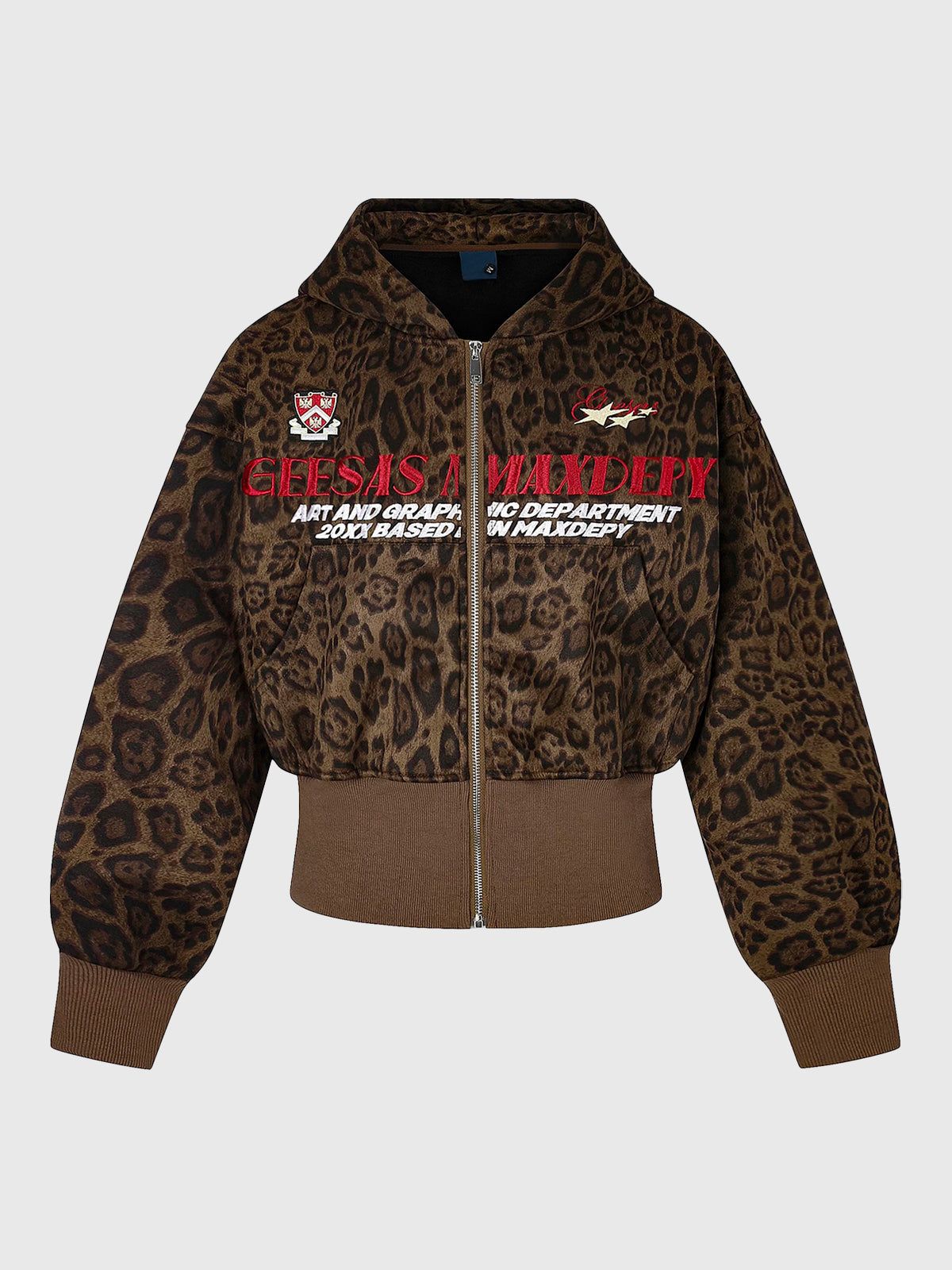 Co-ed Dorm  Skimming Leopard Graphic Zip-up Hoodie - Brown