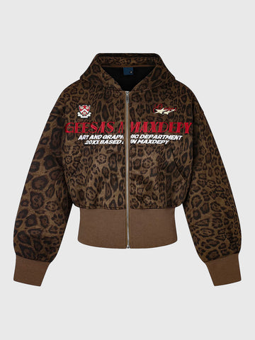 Co-ed Dorm  Skimming Leopard Graphic Zip-up Hoodie - Brown