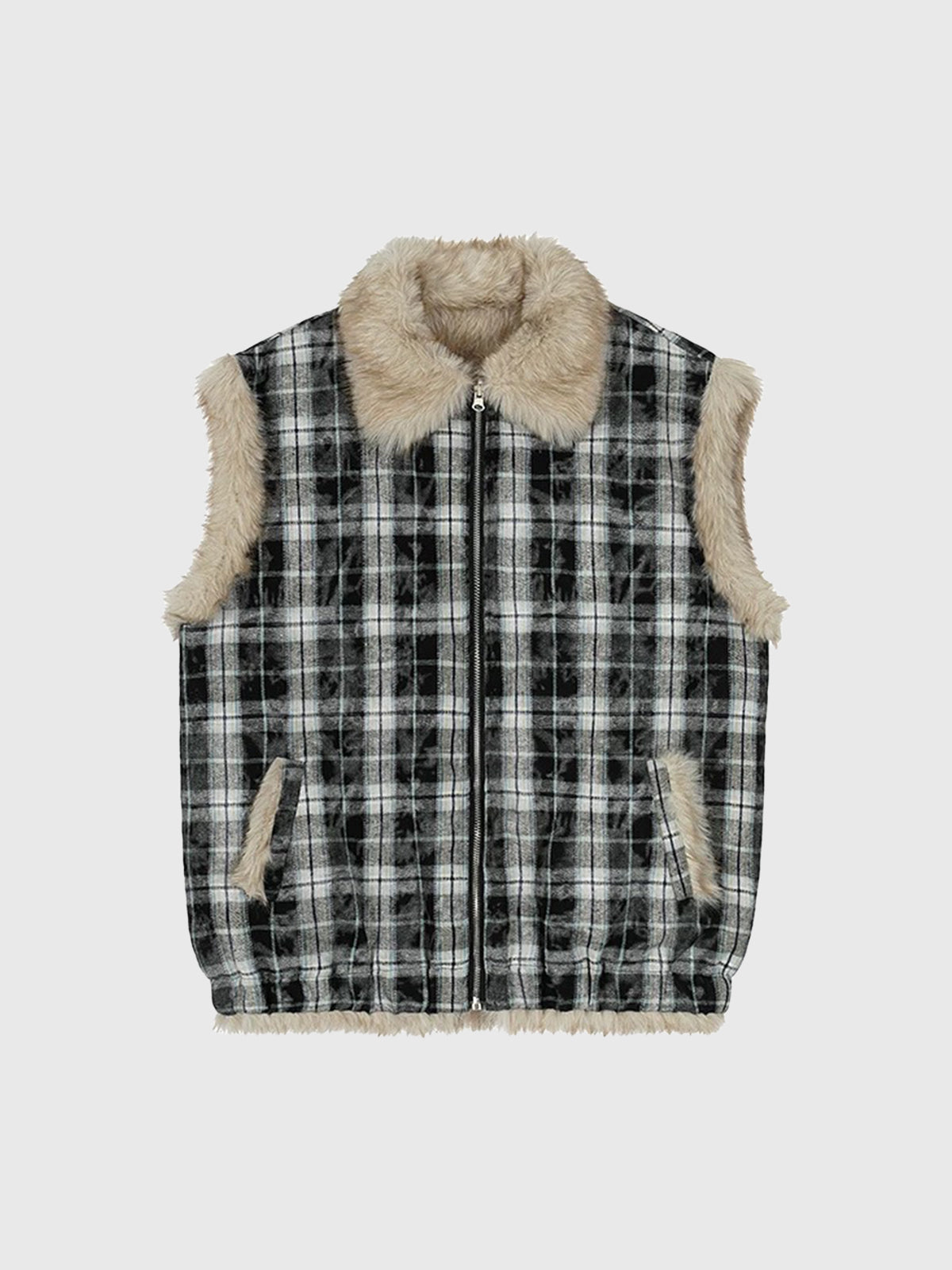 Co-ed Dorm Baggy Plaid Fleece-Trimmed Vest Tank Top - Black