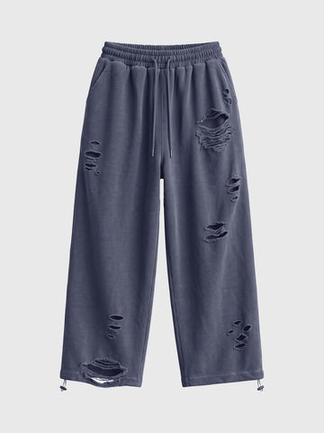 Co-ed Dorm Wide-leg Distressed Washed Pants - Blue