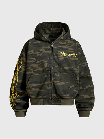 Co-ed Dorm Baggy Camouflage Graphic Zip-up Hoodie - Green