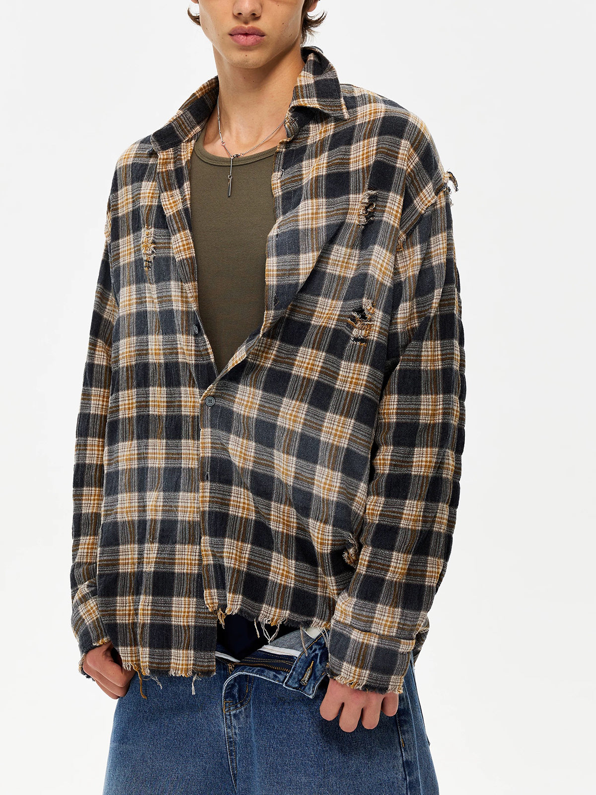 Co-ed Dorm Baggy Plaid Flannel Shirt - Brown