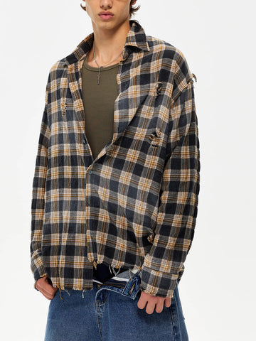 Co-ed Dorm Baggy Plaid Flannel Shirt - Brown