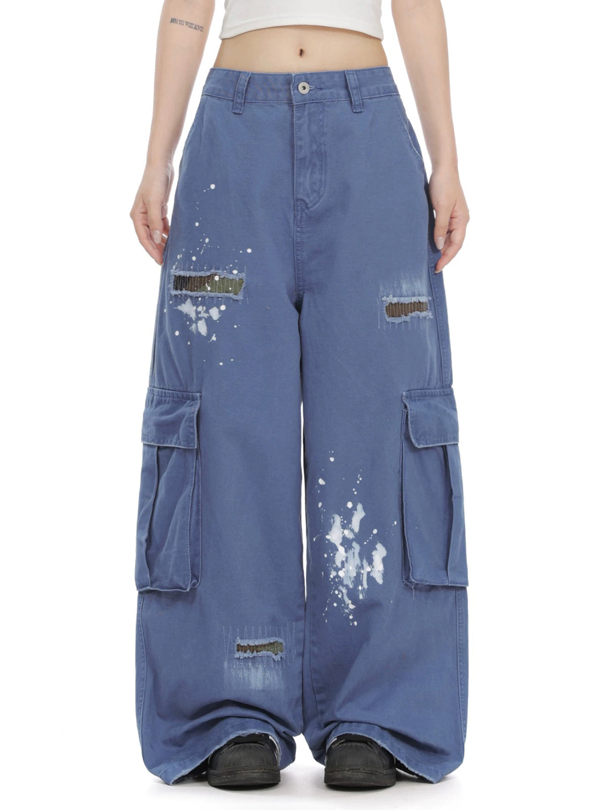 Co-ed Dorm Wide-leg Distressed Cargo Pants - Blue