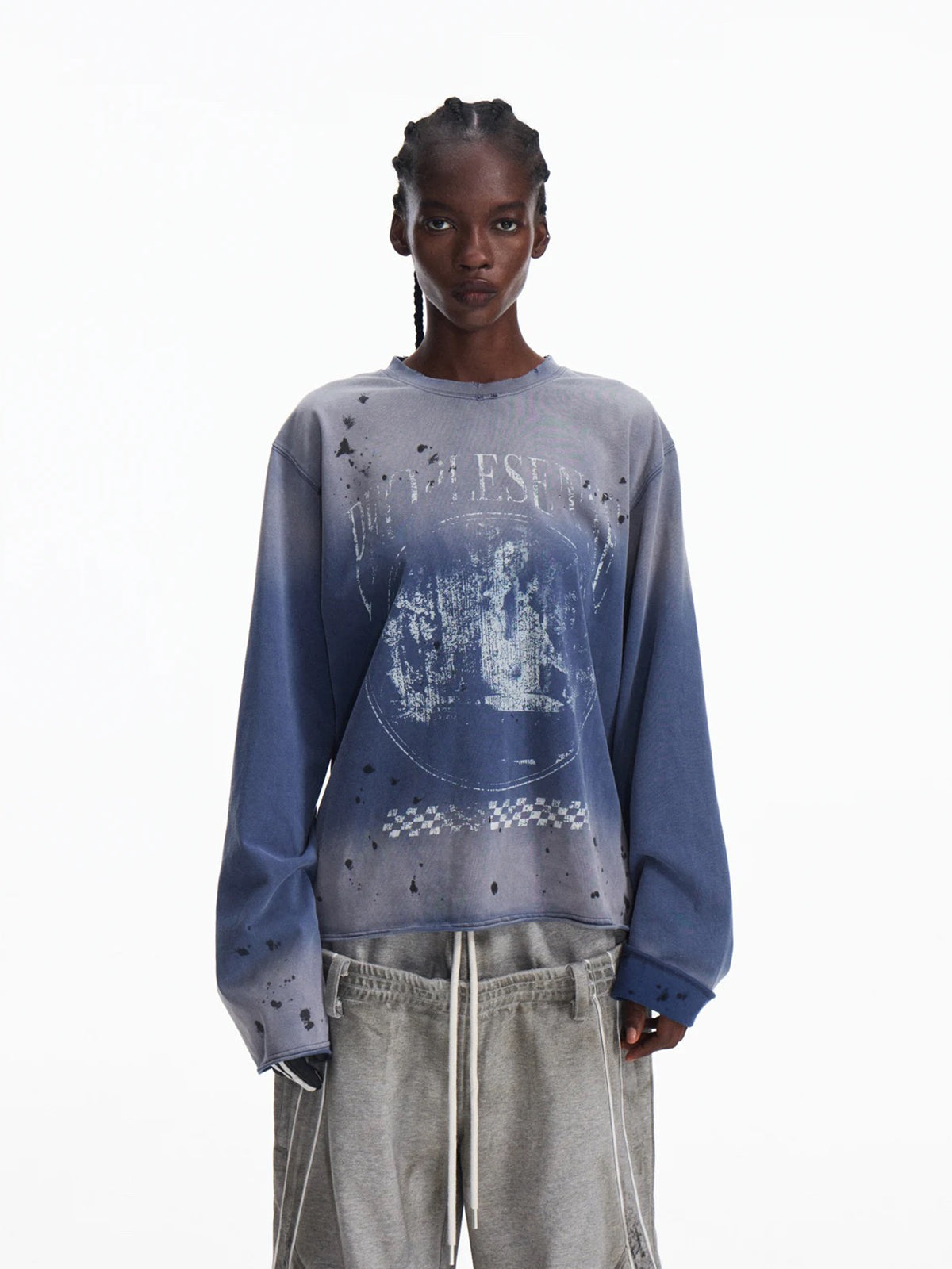 Co-ed Dorm Baggy Distressed Graphic Sweatshirt - Blue