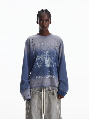 Co-ed Dorm Baggy Distressed Graphic Sweatshirt - Blue