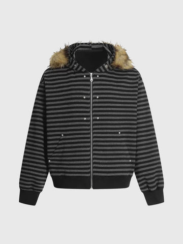 Co-ed Dorm Baggy Striped Faux-Fur Hooded Zip-up Hoodie - Black