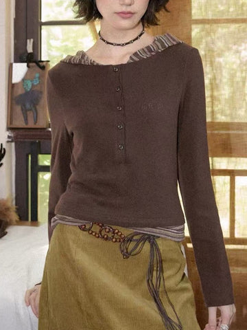 Brick Lane Semi-Sheer Distressed Knit Long Sleeve Top - Brown