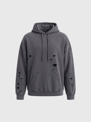 Co-ed Dorm Baggy Distressed Pullover Hoodie - Grey