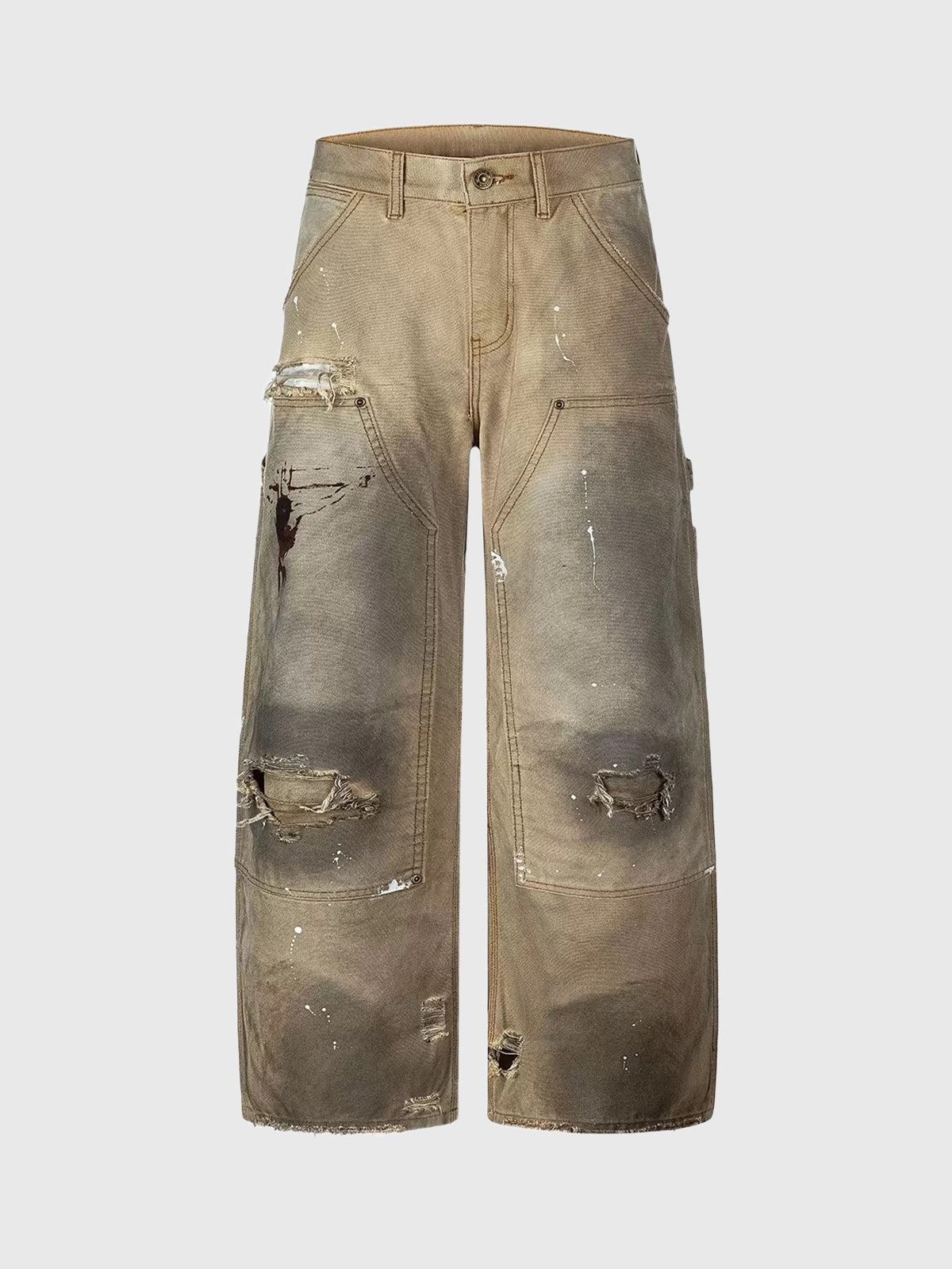 Co-ed Dorm Wide-leg Distressed Mud-Wash Cargo Pants - Beige