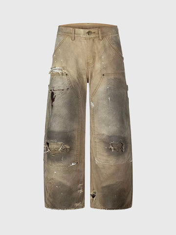 Co-ed Dorm Wide-leg Distressed Mud-Wash Cargo Pants - Beige