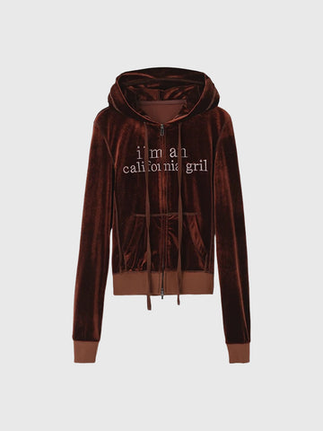 Co-ed Dorm Skimming Velour Cropped Zip-up Hoodie - Brown