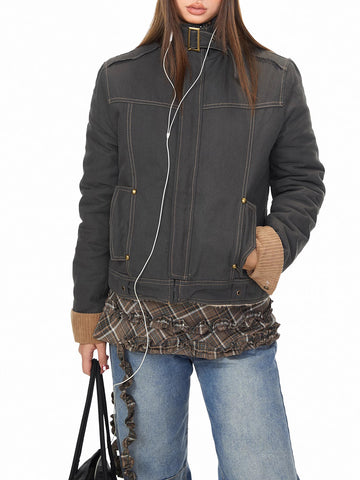 Co-ed Dorm Baggy Leopard Trim Denim Jacket - Grey