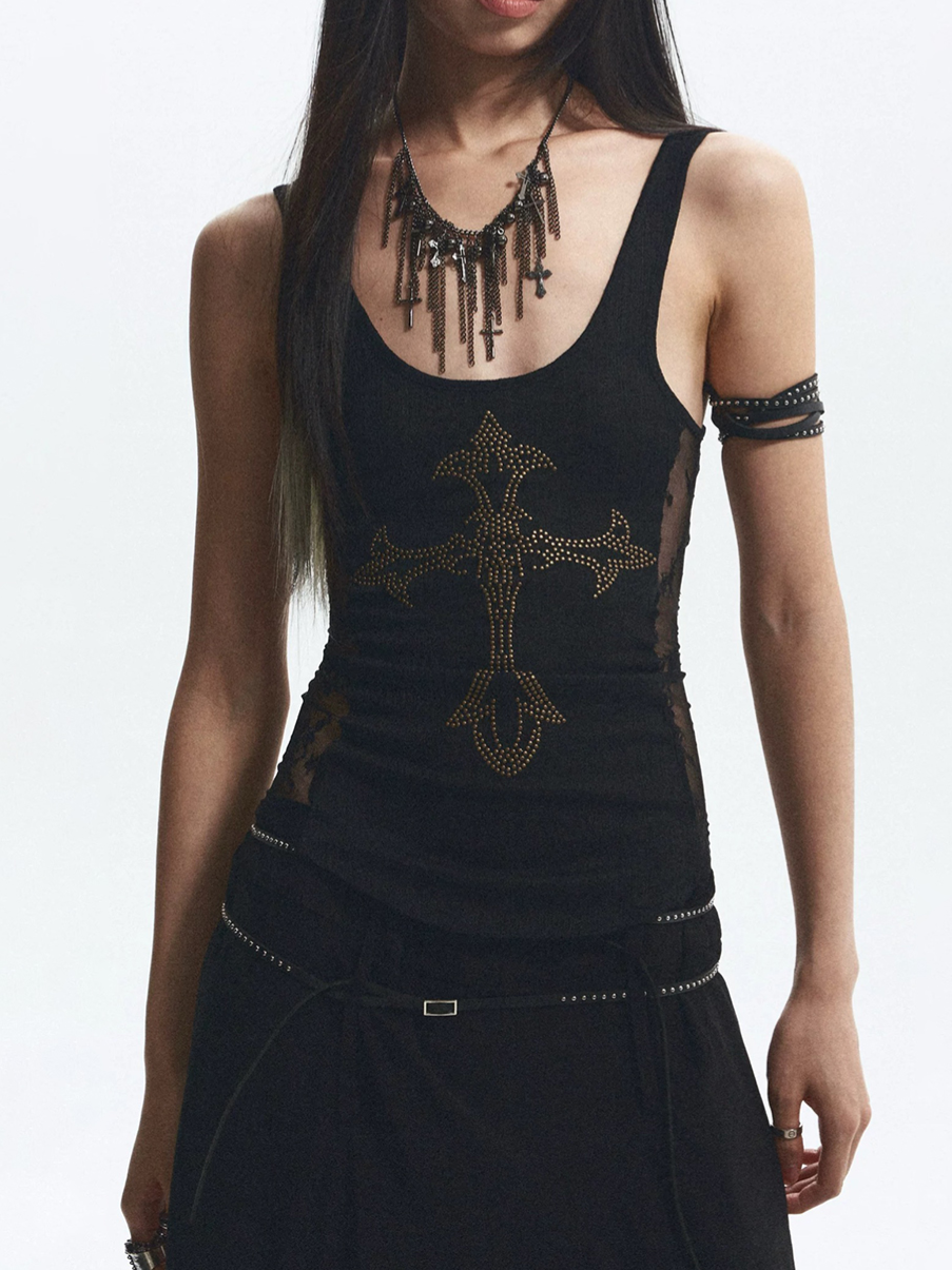 Brick Lane Skimming-fit Sheer Lace Rhinestone Cami Top - Black