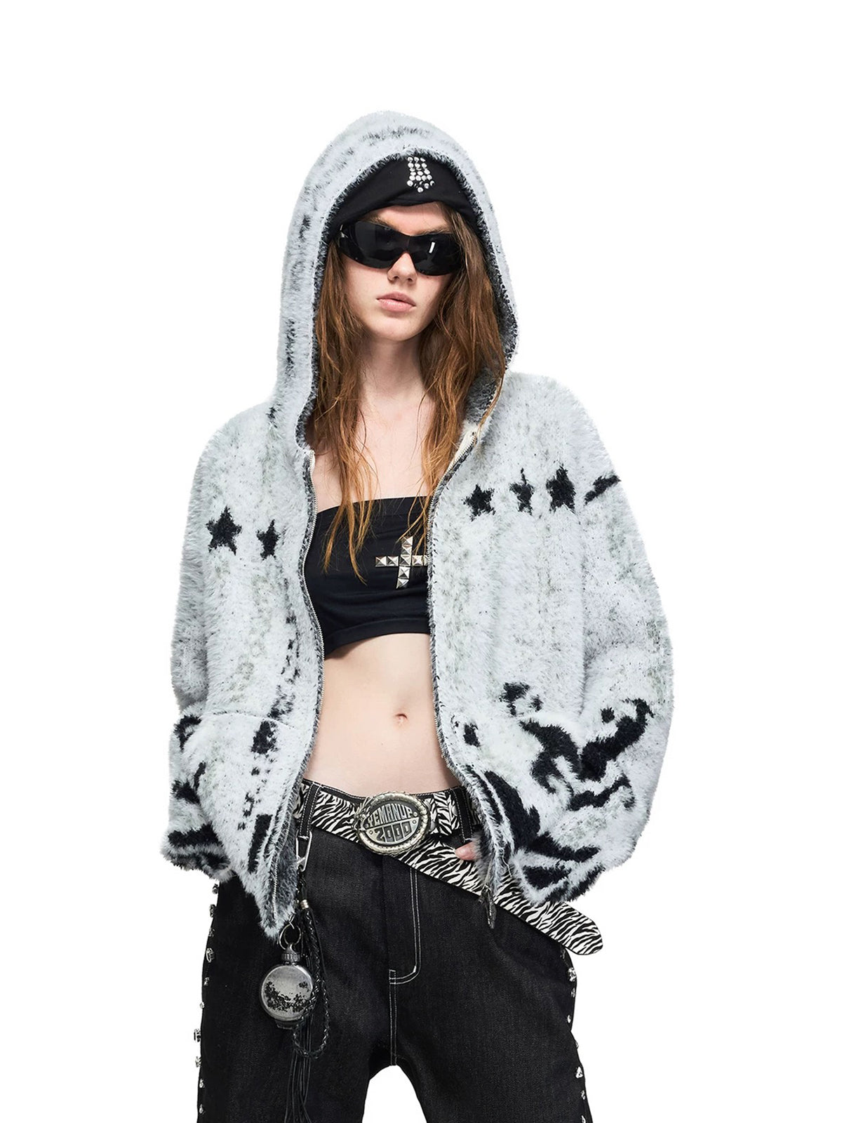 Co-ed Dorm Baggy Star Pattern Knit Zip-up Hoodie - Grey