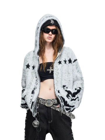 Co-ed Dorm Baggy Star Pattern Knit Zip-up Hoodie - Grey