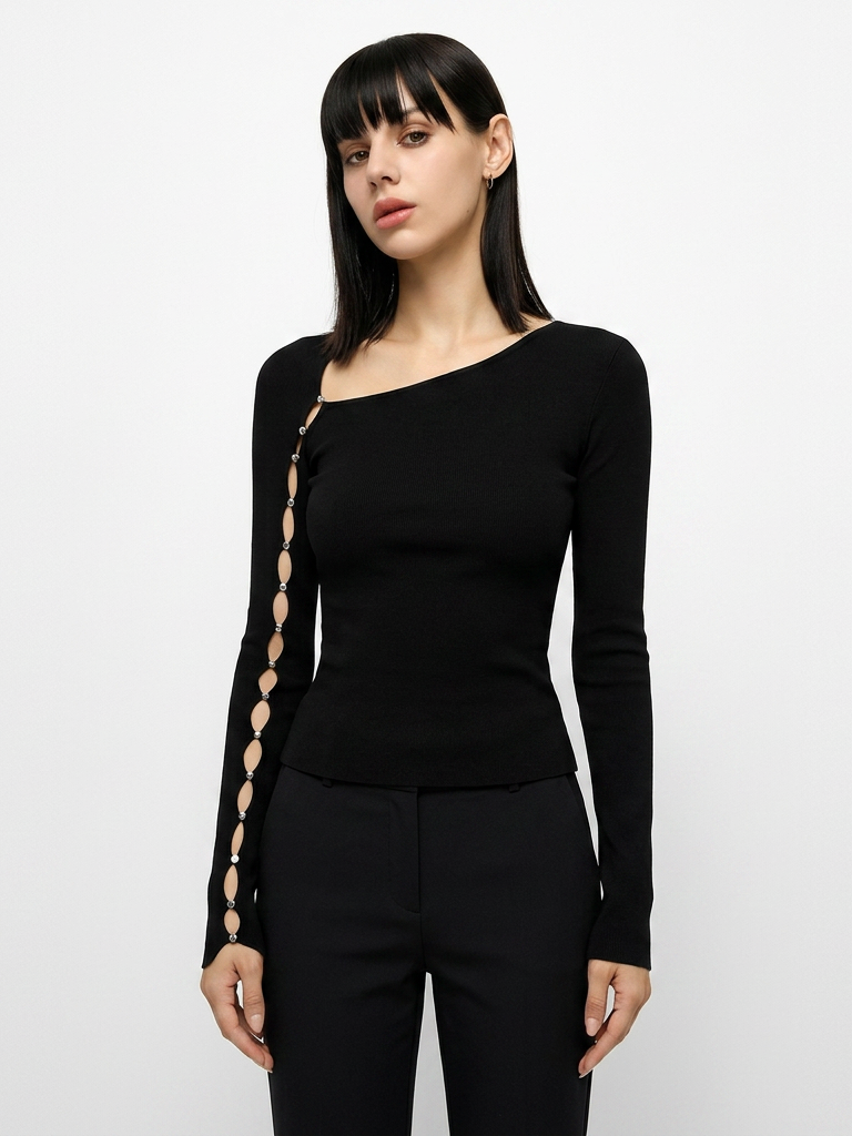 Brick Lane Asymmetric Cut Out One Shoulder Long Sleeve - Black