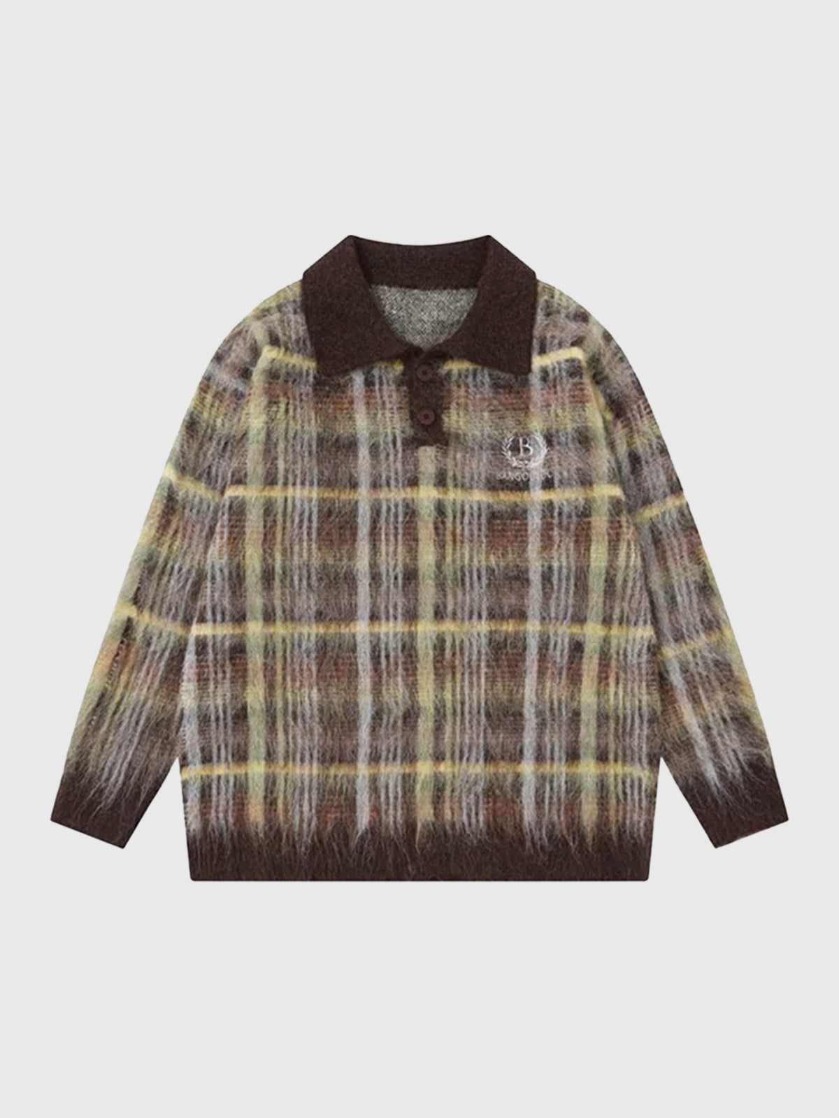 Co-ed Dorm Baggy Plaid Knit Polo Sweater - Brown