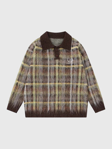 Co-ed Dorm Baggy Plaid Knit Polo Sweater - Brown