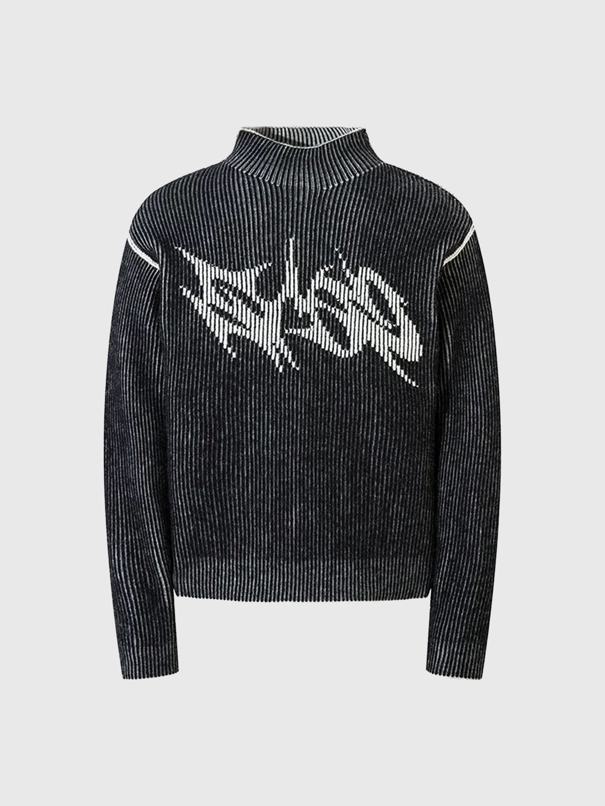 Co-ed Dorm Baggy Graphic Mock-Neck Knit Sweater - Black