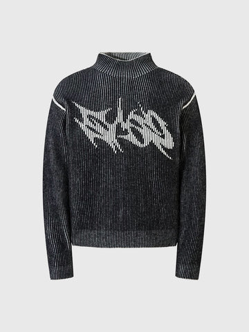Co-ed Dorm Baggy Graphic Mock-Neck Knit Sweater - Black