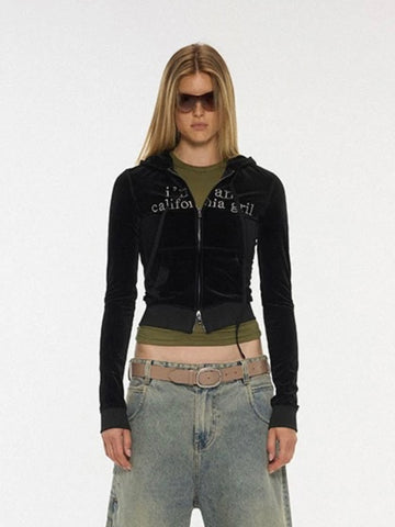 Co-ed Dorm Skimming Velour Cropped Zip-up Hoodie - Black