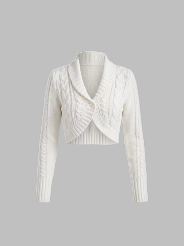 Brick Lane Turn-Down Collar Cropped Knit Cardigan - White