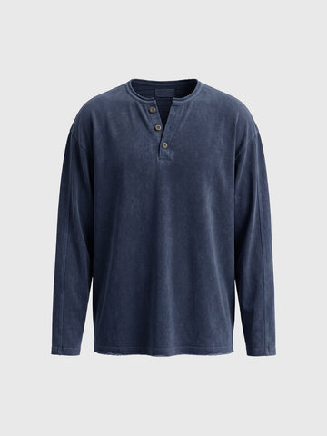 Co-ed Dorm Baggy Washed Split-Neck Sweatshirt - Blue