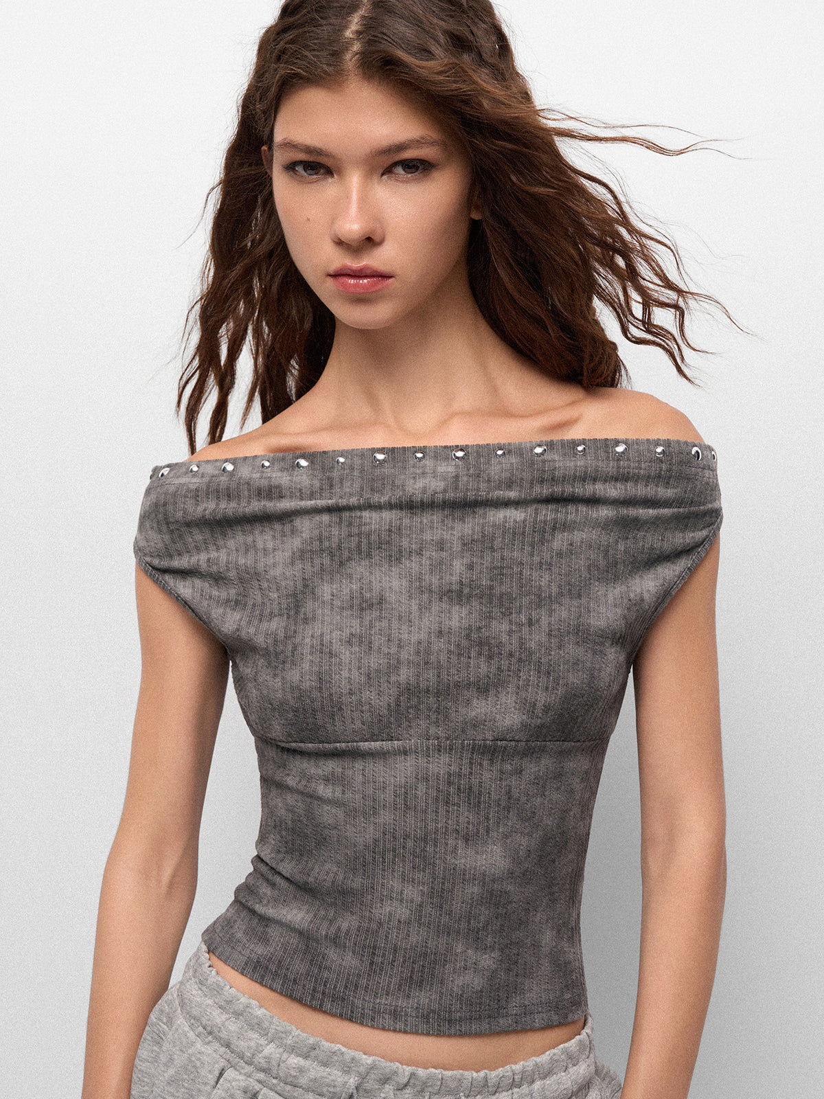 No Comment Off-shoulder Tee - Smoke Gray