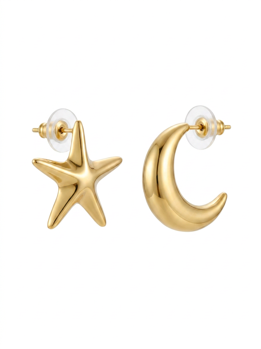 Brick Lane Y2K Asymmetric Star and Moon Stud Earrings - Gold