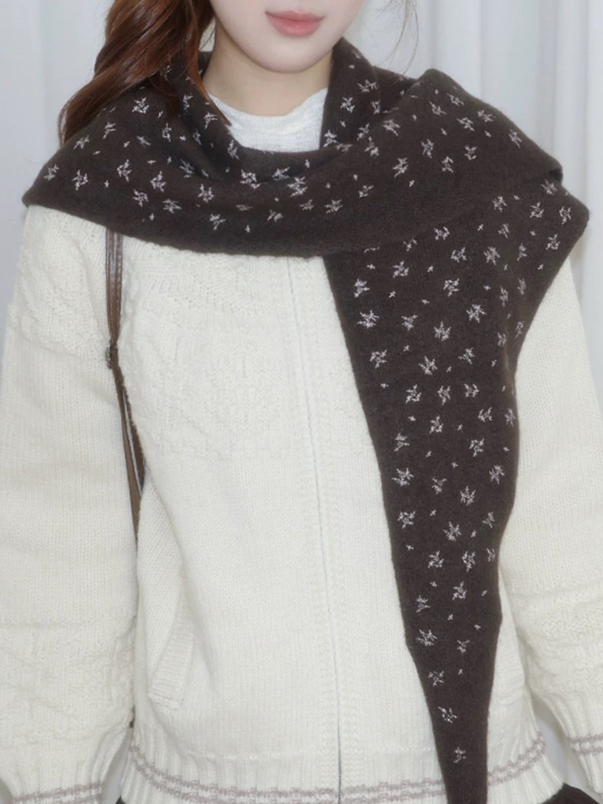 American Club Casual Floral Knit Triangle Scarf - Brown