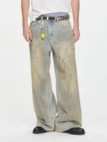 Co-ed Dorm Wide-leg Distressed Mud-Wash Pants - Beige