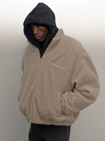 Co-ed Dorm Baggy Fleece Stand-Collar Jacket - Beige
