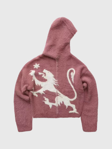 Co-ed Dorm Baggy Graphic Knit Zip-up Sweater - Red