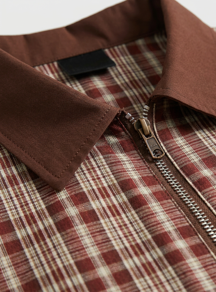Co-ed Dorm Baggy Check Plaid Zip-up Shirt - Red/Brown