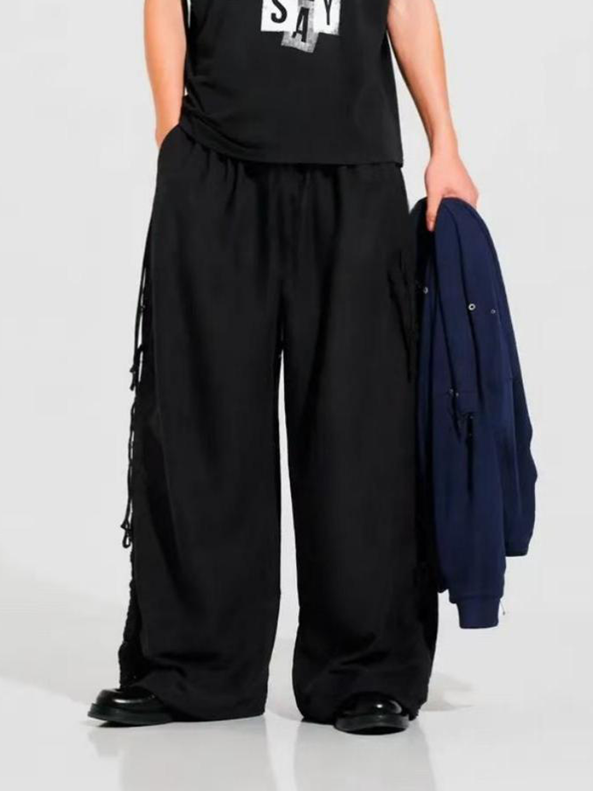 Brick Lane Wide-leg Minimalist Drawstring Sweatpants Maxi Pants - Black