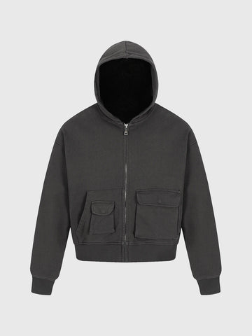 Co-ed Dorm Baggy Waffle-Knit Zip-up Hoodie - Black