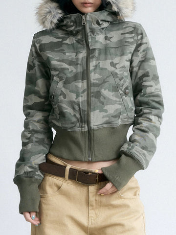 Co-ed Dorm Skimming Camouflage Faux-Fur Hooded Coat - Green