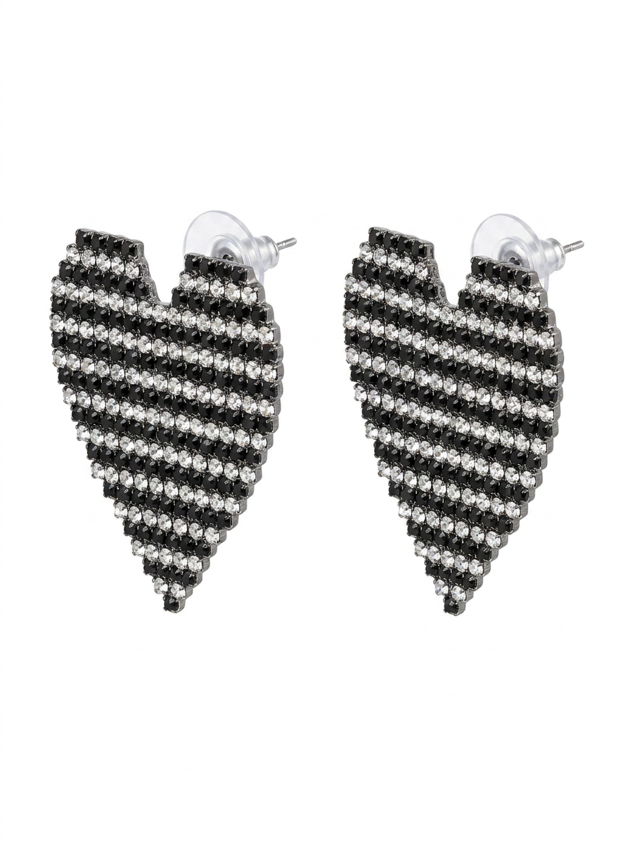 Brick Lane Y2K Rhinestone Striped Heart Stud Earrings - Black