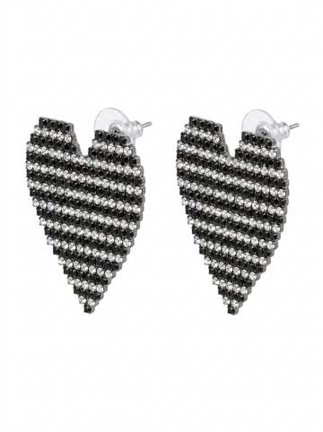 Brick Lane Y2K Rhinestone Striped Heart Stud Earrings - Black