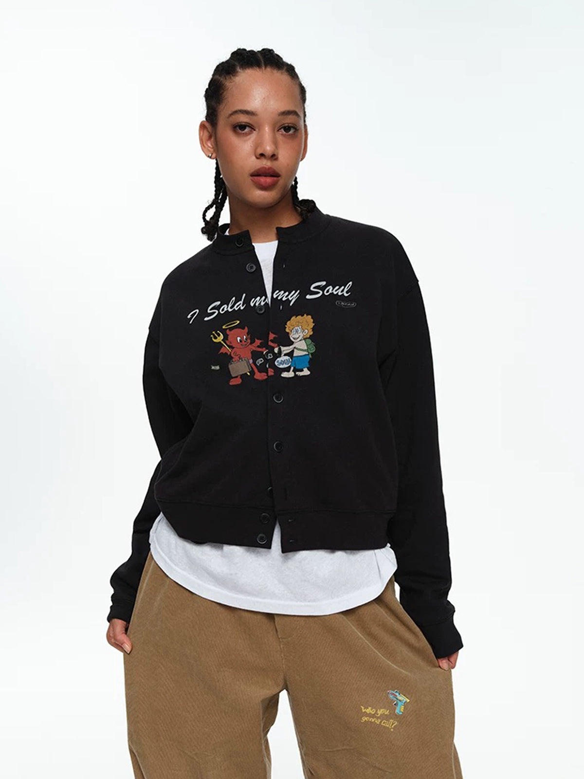 Co-ed Dorm Baggy Graphic Print Snap Jacket - Black