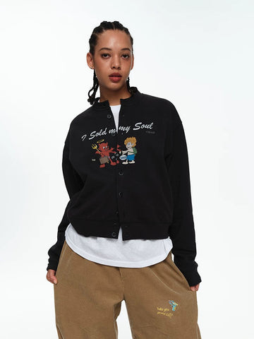 Co-ed Dorm Baggy Graphic Print Snap Jacket - Black